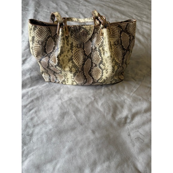 Anne Klein Snakeskin Print Tote Bag Gold Tone Hardware Lion Logo Neutral Brown - Picture 5 of 5
